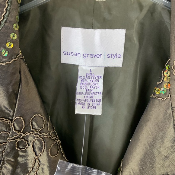 Susan Graver Sequin Taffeta Jacket Sage Green Floral Embroidery Holiday - Picture 8 of 11